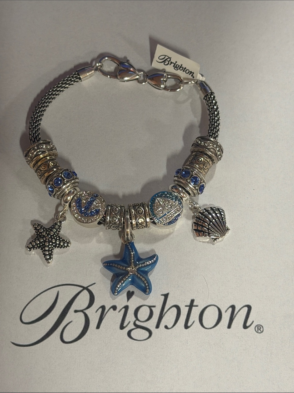 🌊⛴️NWT Brighton SWAROVSKI CRYSTAL Blue Starfish, Anchor, Sailboat CHARM BRACELET